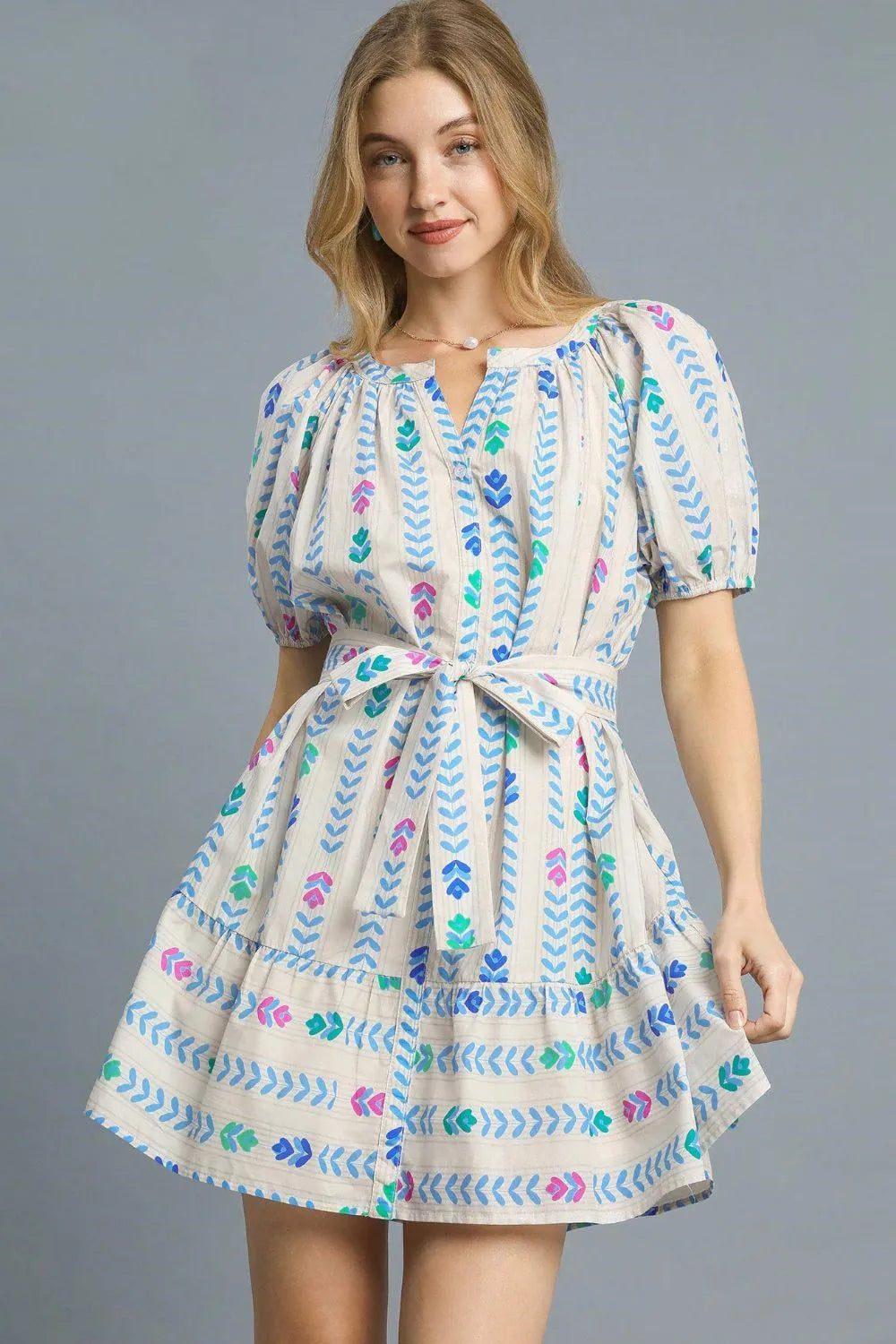 Umgee Printed Tie Waist Puff Short Sleeve Mini Dress - Blushé Belle