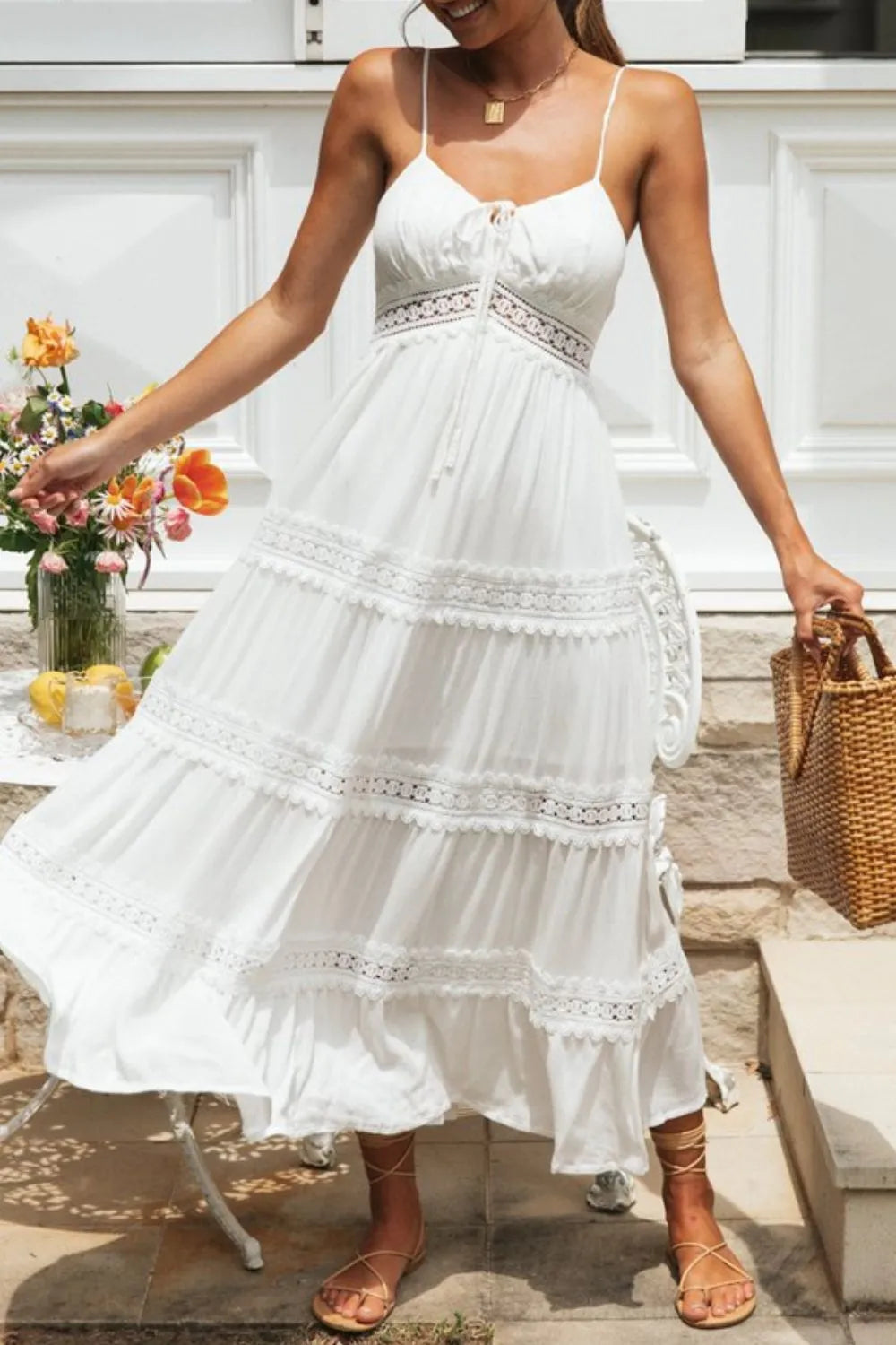 Lace Detail Smocked Midi Cami Dress - Blushé Belle