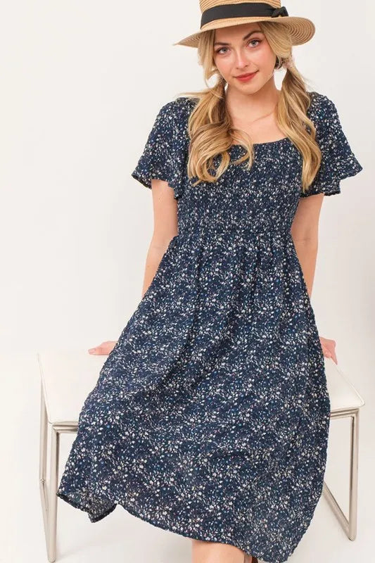 Lime 'N' Chili Smocked Floral Print Flutter Sleeve Midi Dress - Blushé Belle
