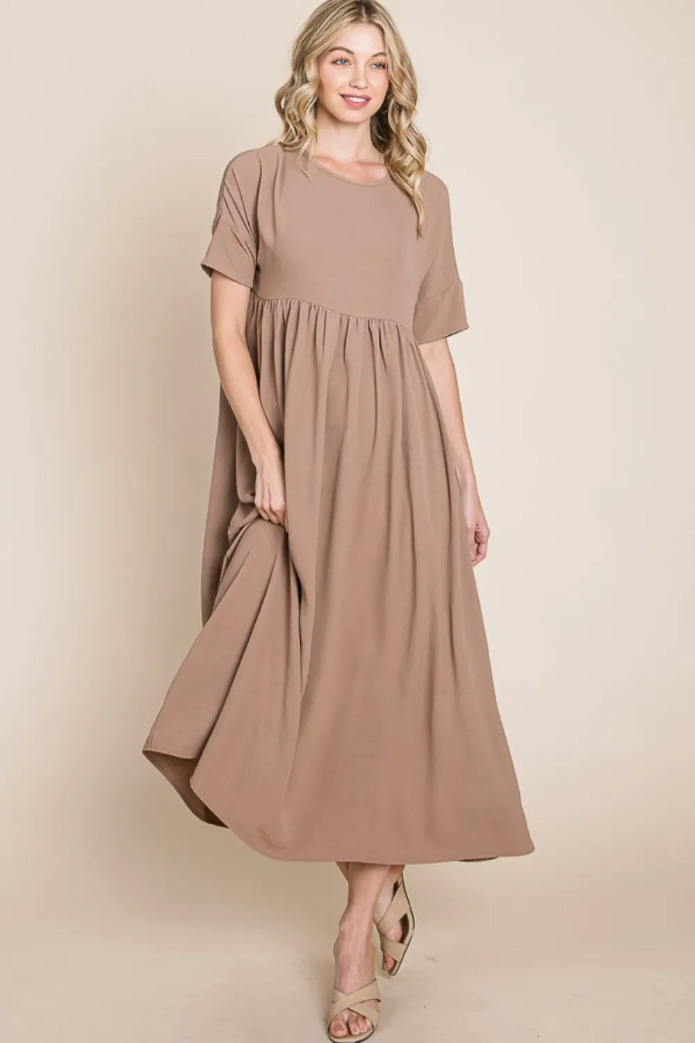 BOMBOM Round Neck Ruched Midi Dress - Blushé Belle