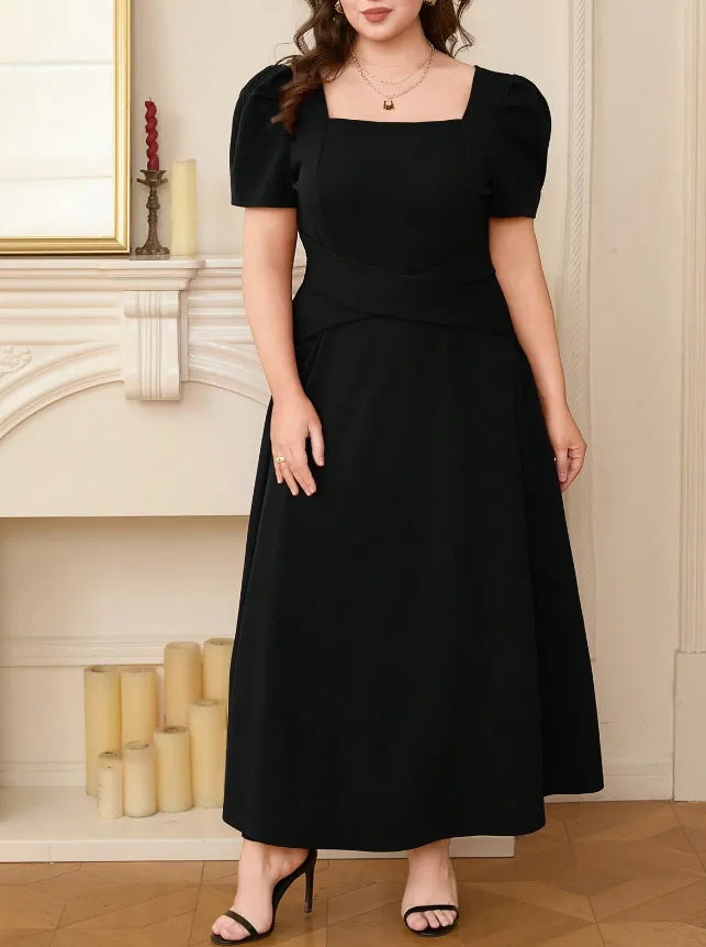 Plus Size Square Neck Puff Sleeve Midi Dress - Blushé Belle