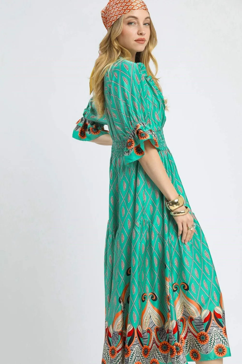 Umgee Printed Smocked Waist Flounce Sleeve Midi Dress - Blushé Belle