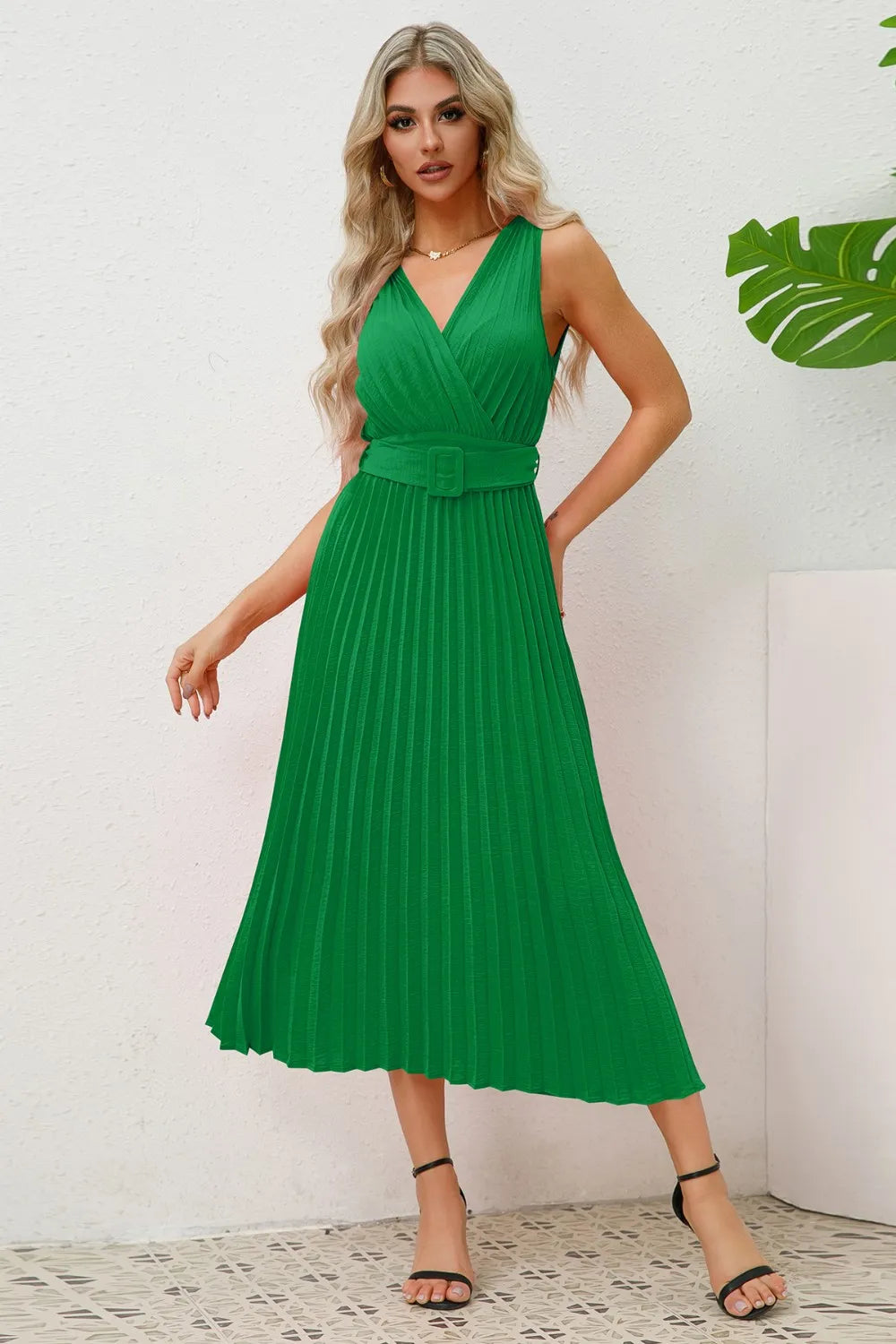 Surplice Sleeveless Midi Pleated Dress - Blushé Belle