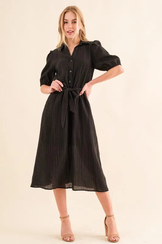 And The Why Waffle Textured Ribbon Waist Midi Dress - Blushé Belle