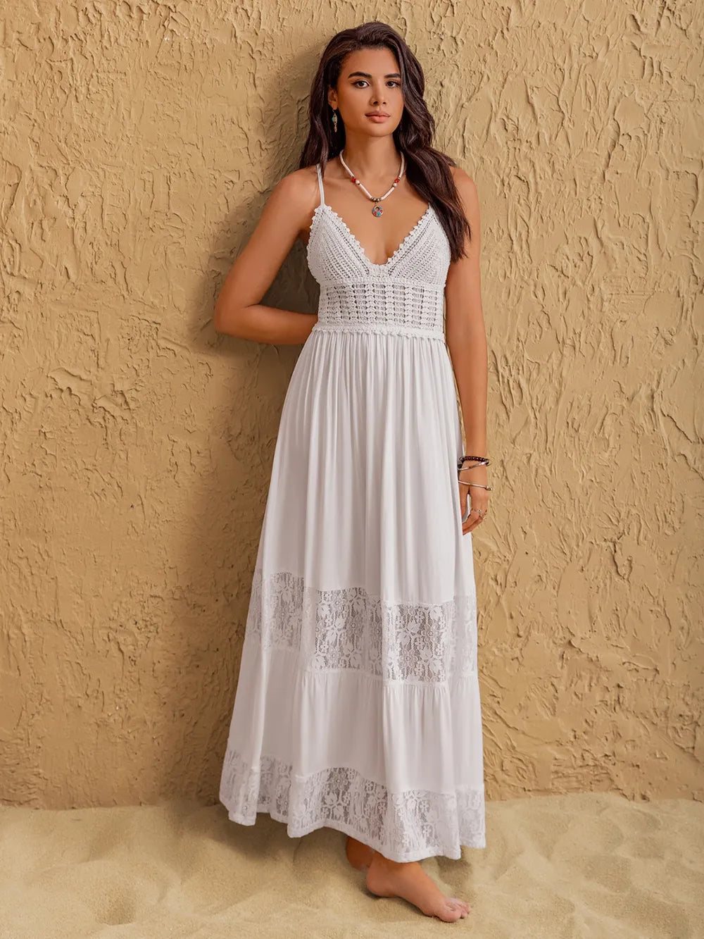 Lace Detail Crochet Tiered Maxi Cami Dress - Blushé Belle