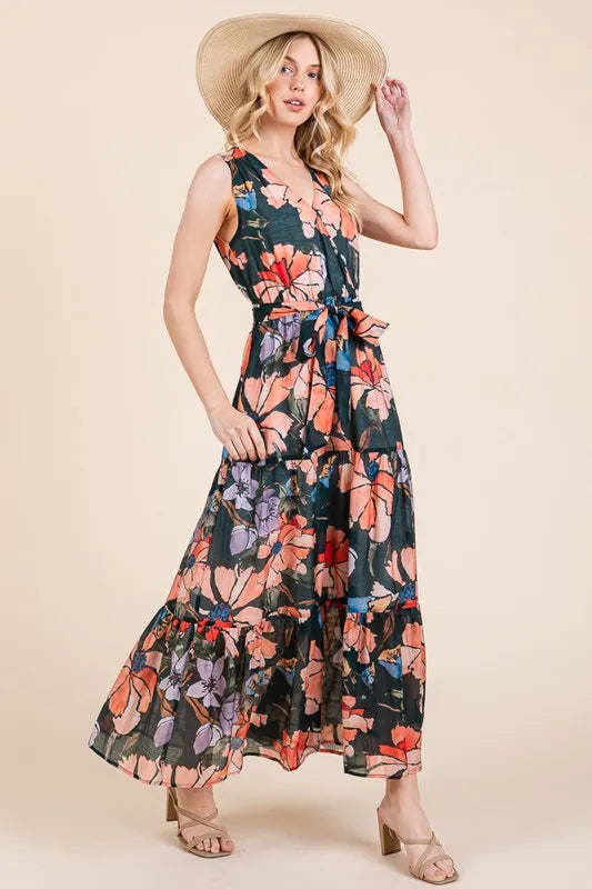 Lime 'N' Chili Floral Print Sleeveless Tie Waist Maxi Dress - Blushé Belle