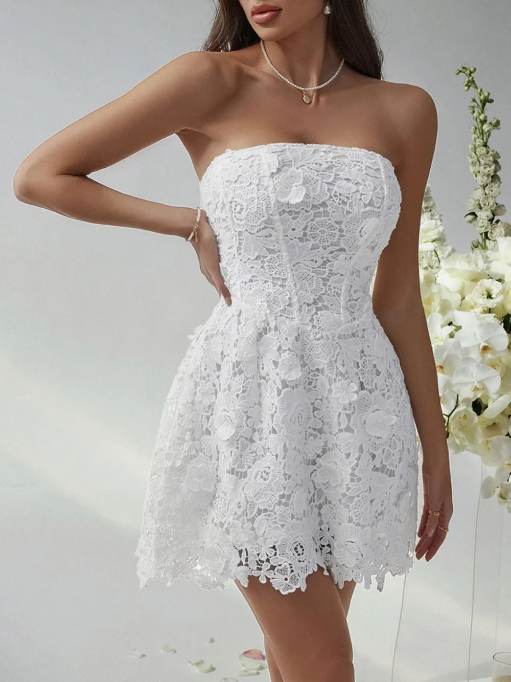 Devine Lace-Up Tube Lace Mini Dress - Blushé Belle