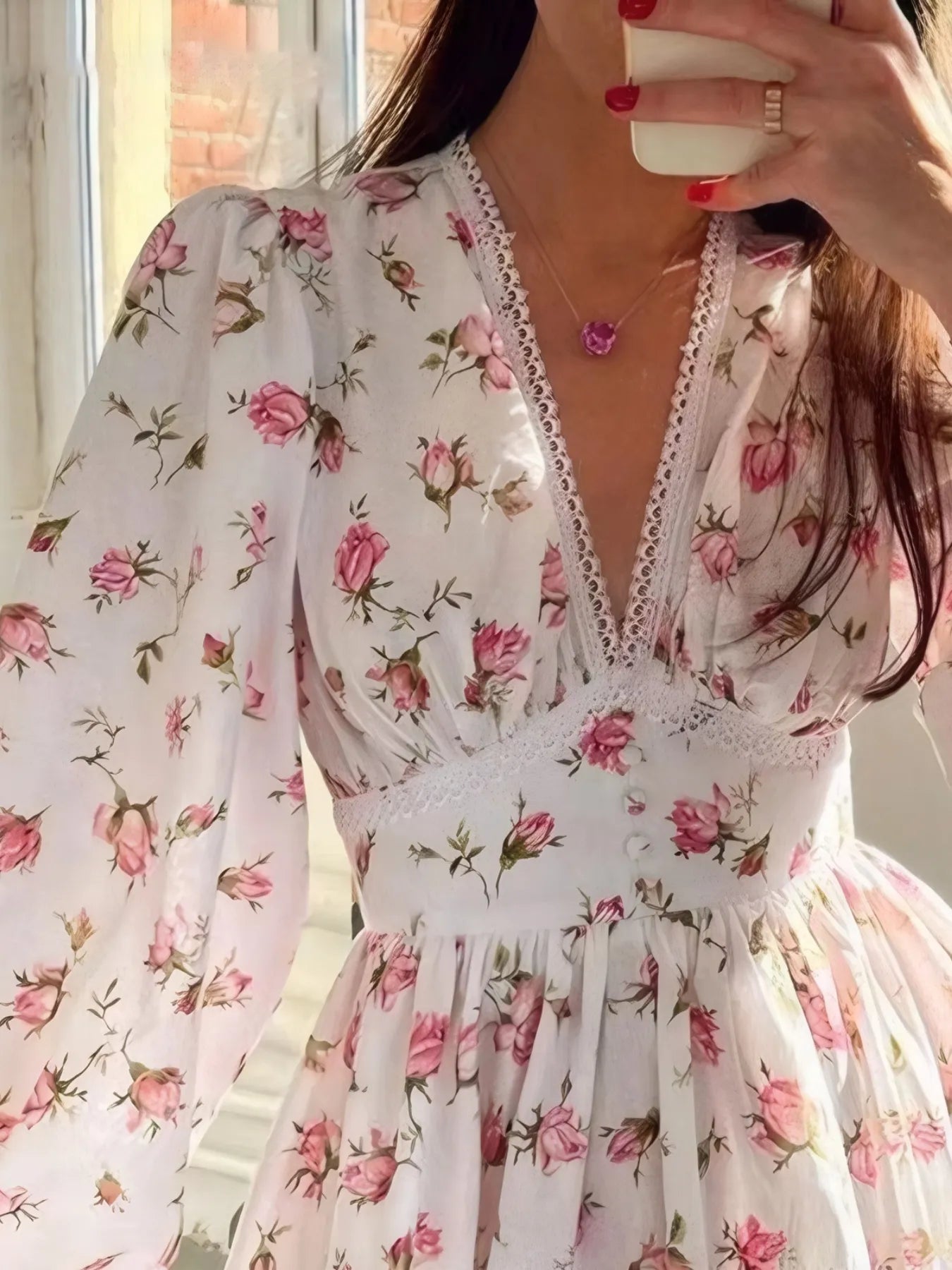 Full Size Floral Print Lace Detail V-Neck Mini Dress Plus SIze - Blushé Belle
