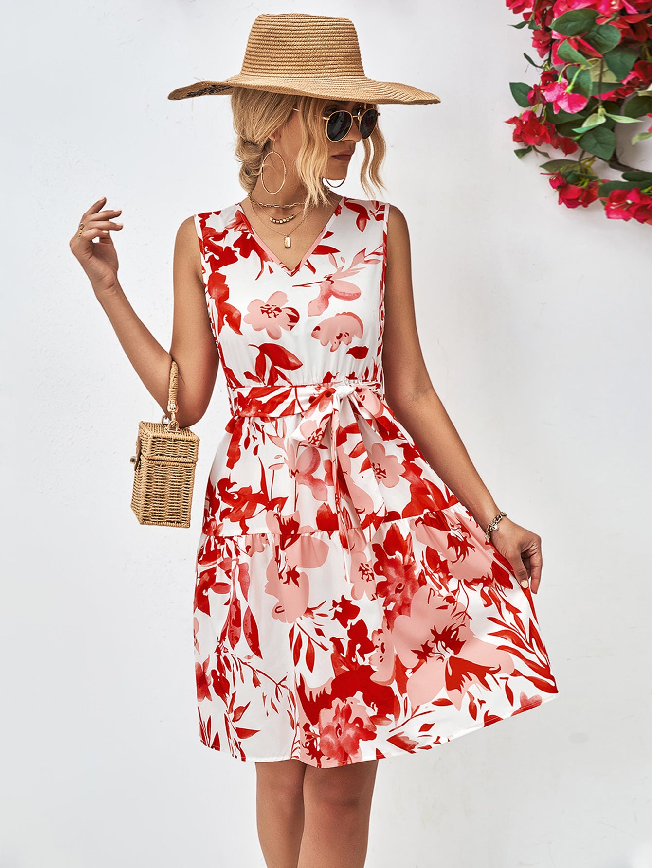 Floral V-Neck Tie Waist Sleeveless Dress - Blushé Belle