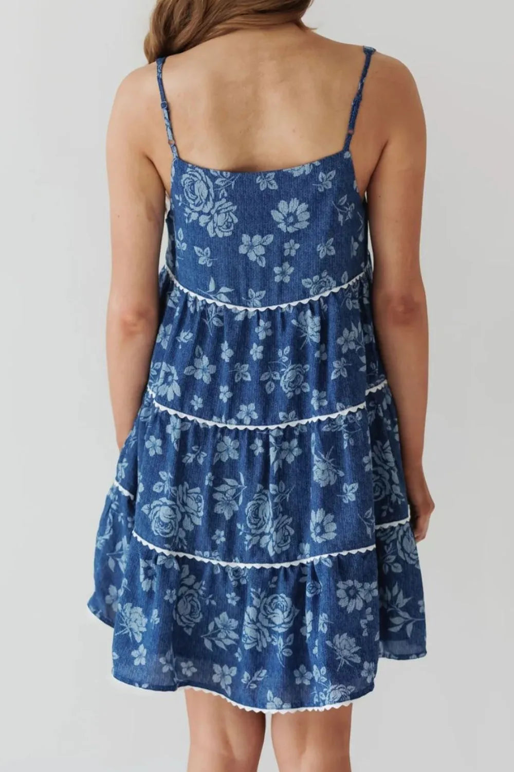 Floral Tiered Square Neck Denim Dress - Blushé Belle