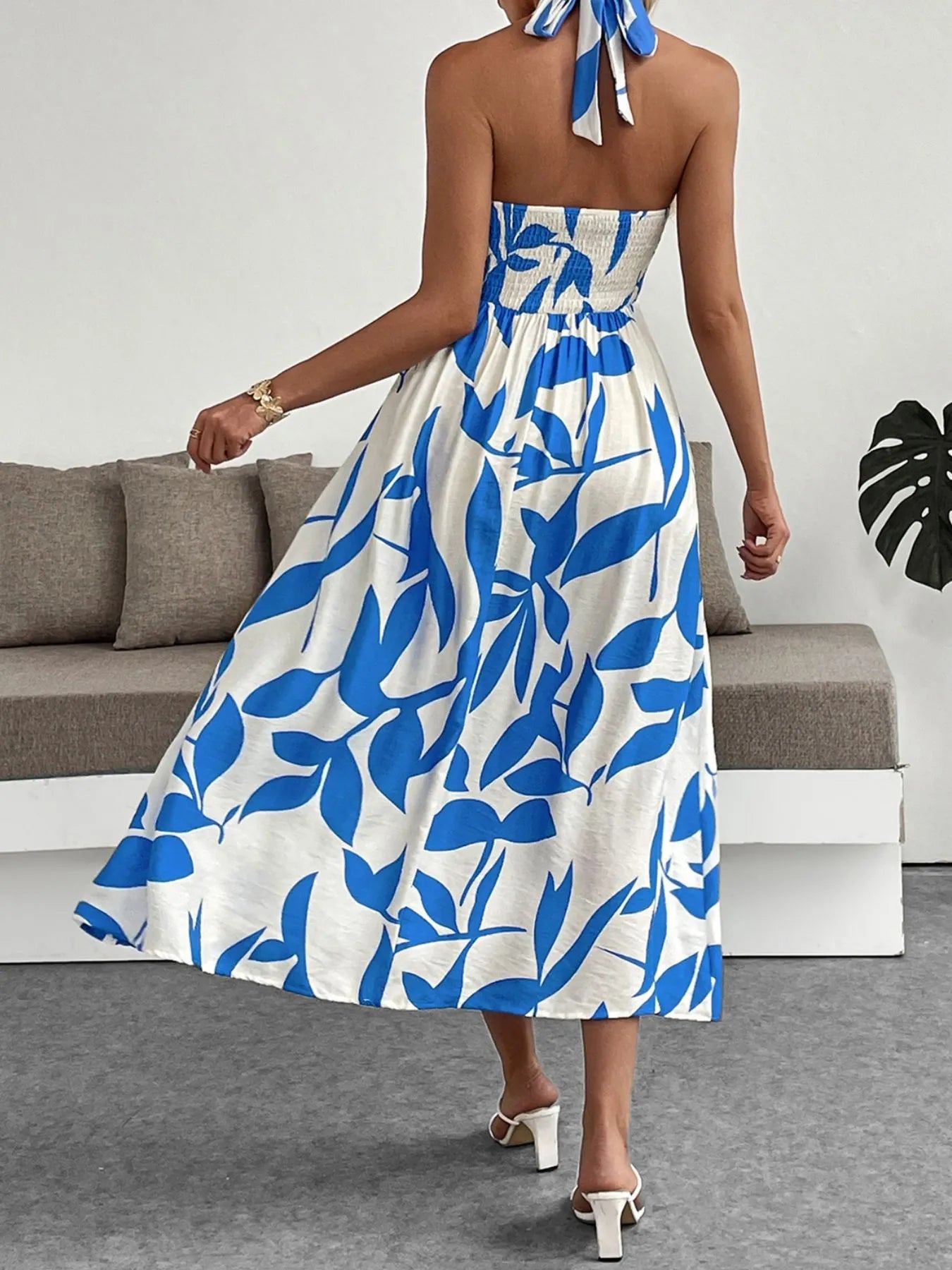 Leaf Print Halter Neck Midi Dress - Blushé Belle