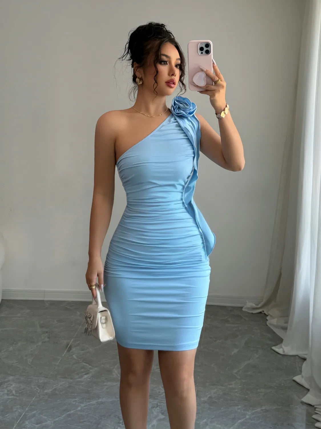 Flower Single Shoulder Mini Dress - Blushé Belle
