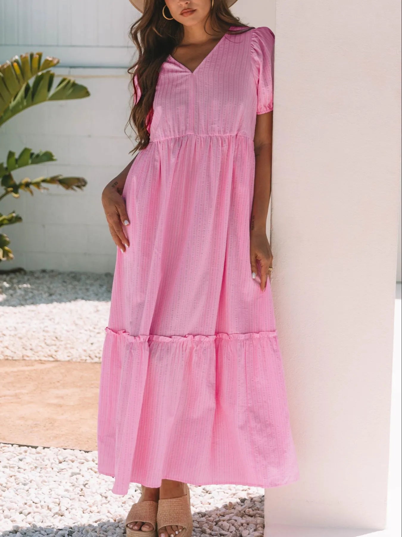 Striped Puff Sleeve V-Neck Maxi Dress - Blushé Belle