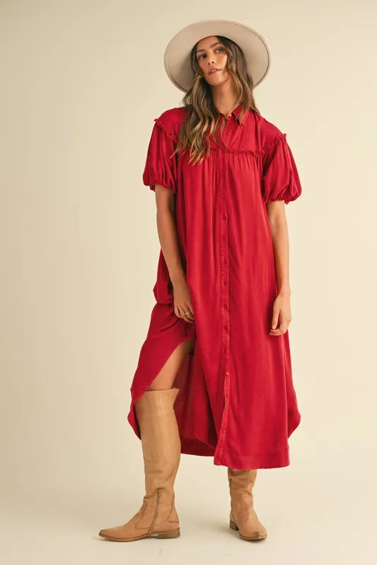 Annie Wear Mineral Washed Button Down Puff Sleeve Shirt Dress - Blushé Belle