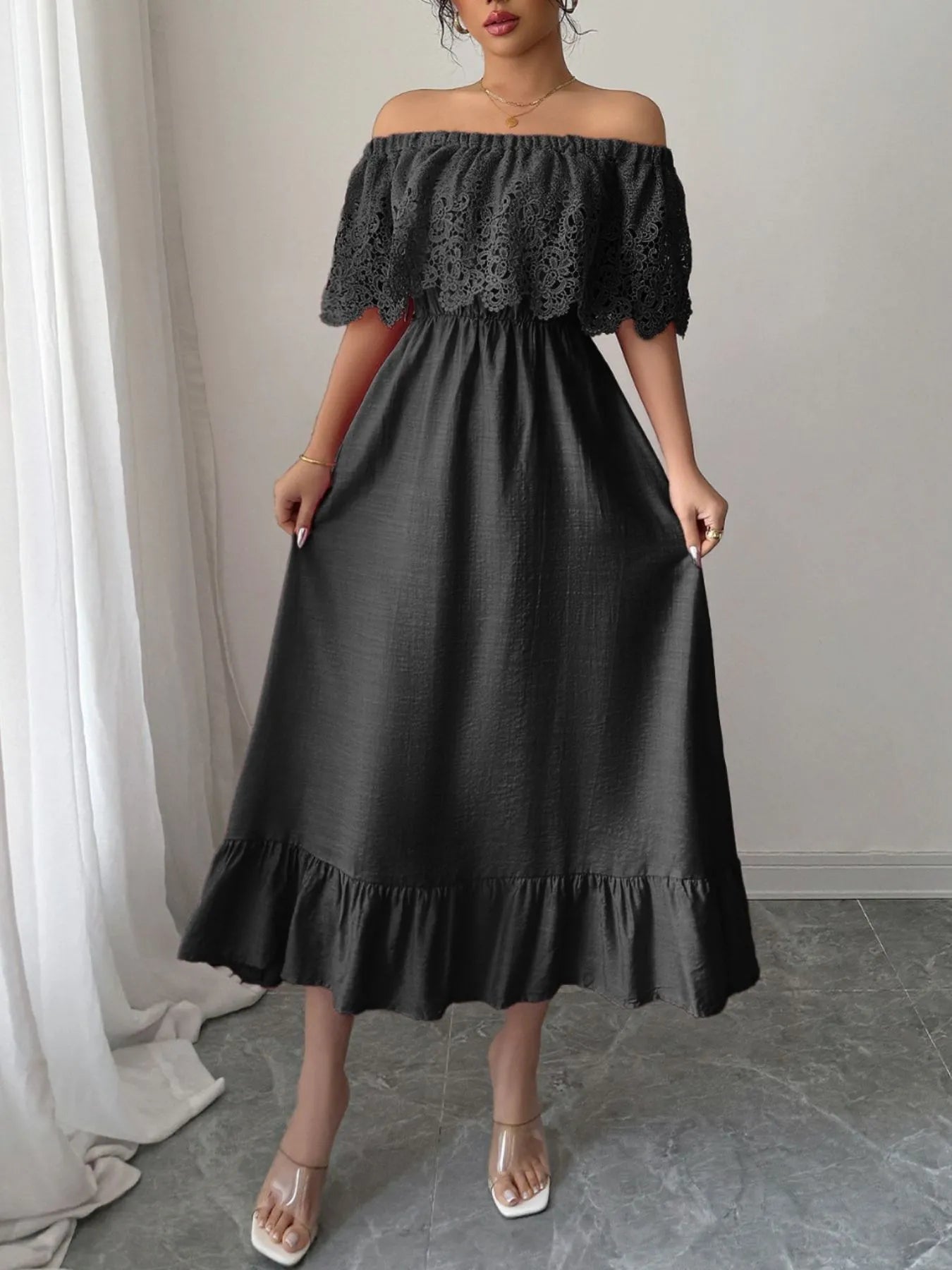 Off-Shoulder Lace Ruffle Midi Dress - Blushé Belle