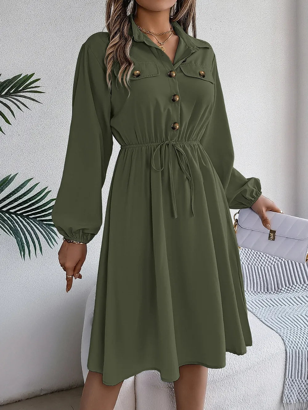 Collared Neck Long Sleeve Dress with Pockets - Blushé Belle