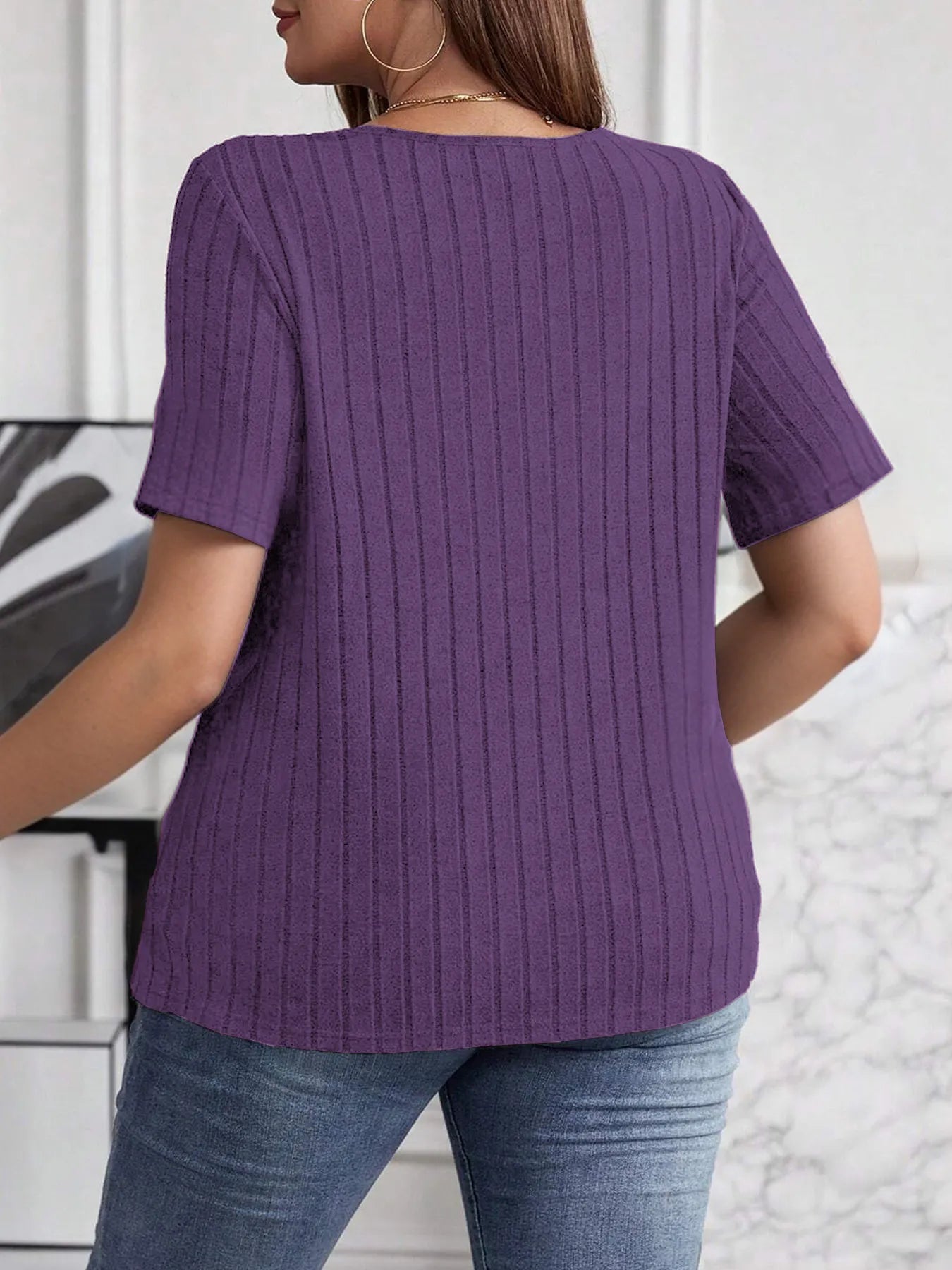 Plus Size V-Neck Short Sleeve Ribbed T-Shirt - Blushé Belle