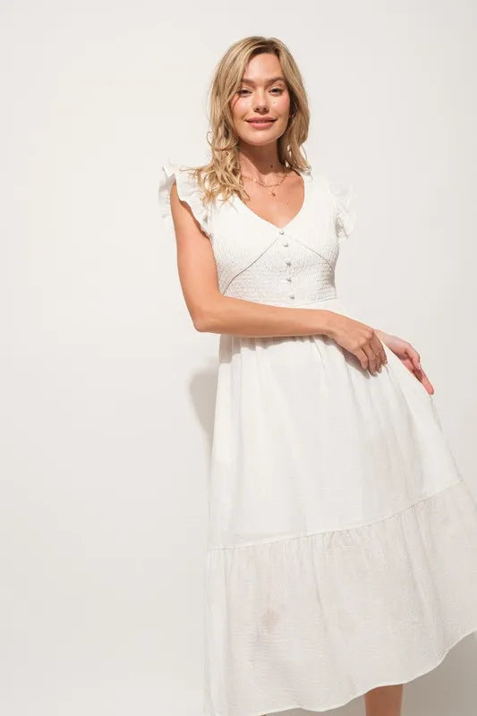 And The Why Ruffle Sleeve Front Smocked Tiered Midi Dress - Blushé Belle