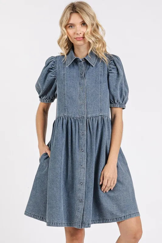 Mittoshop Button Down Puff Sleeve Denim Dress - Blushé Belle