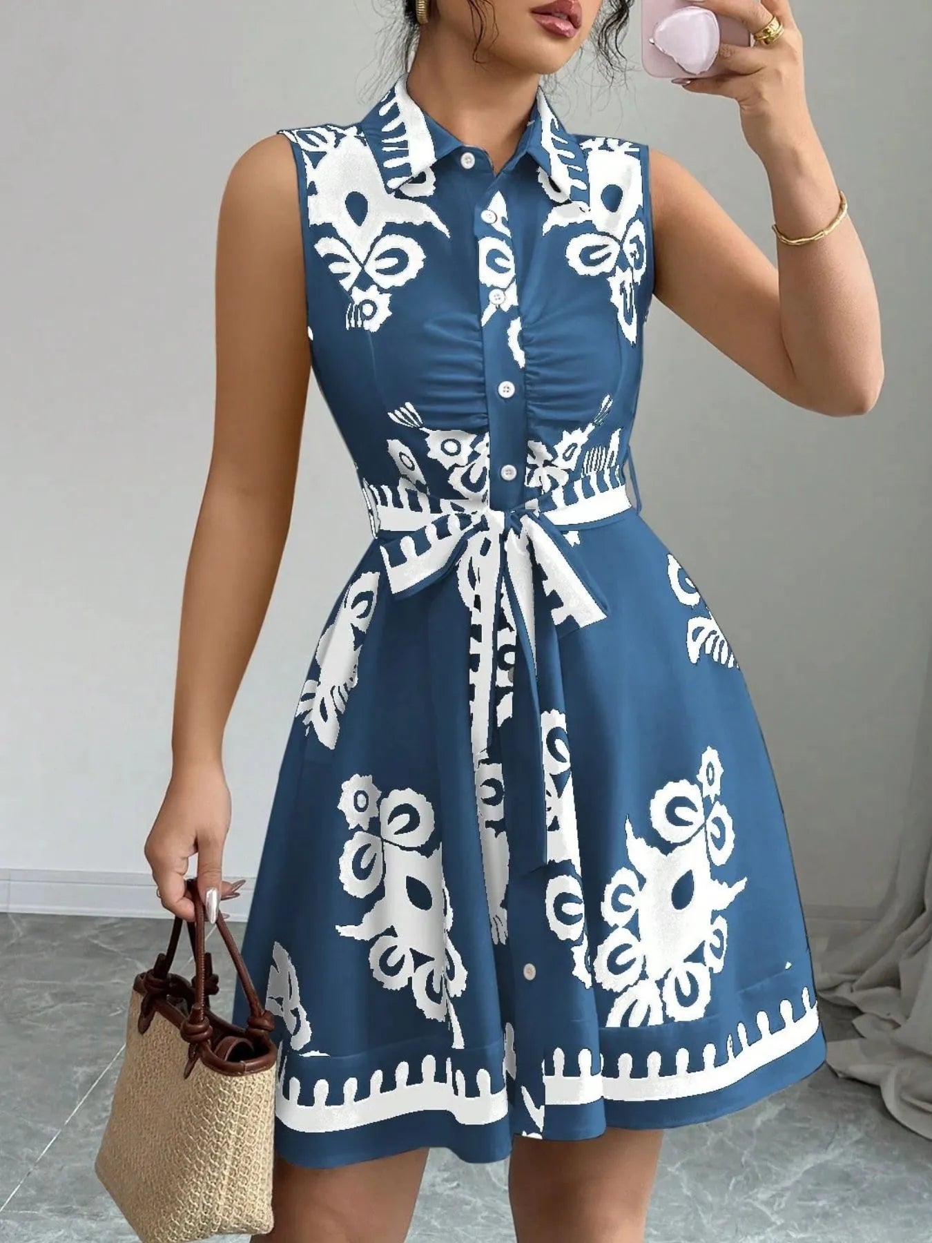 Printed Sleeveless Tie Waist Mini Dress - Blushé Belle