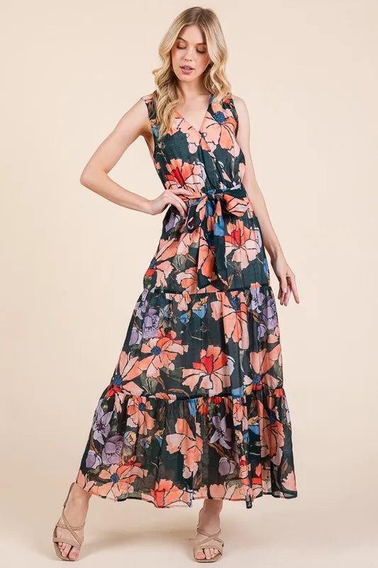 Lime 'N' Chili Floral Print Sleeveless Tie Waist Maxi Dress - Blushé Belle