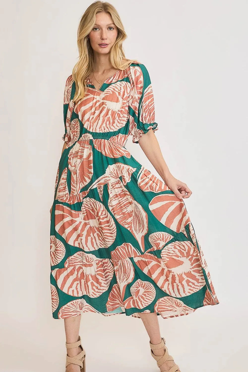 Umgee Full Size Printed Notched Puff Sleeve Midi Dress Plus Size - Blushé Belle