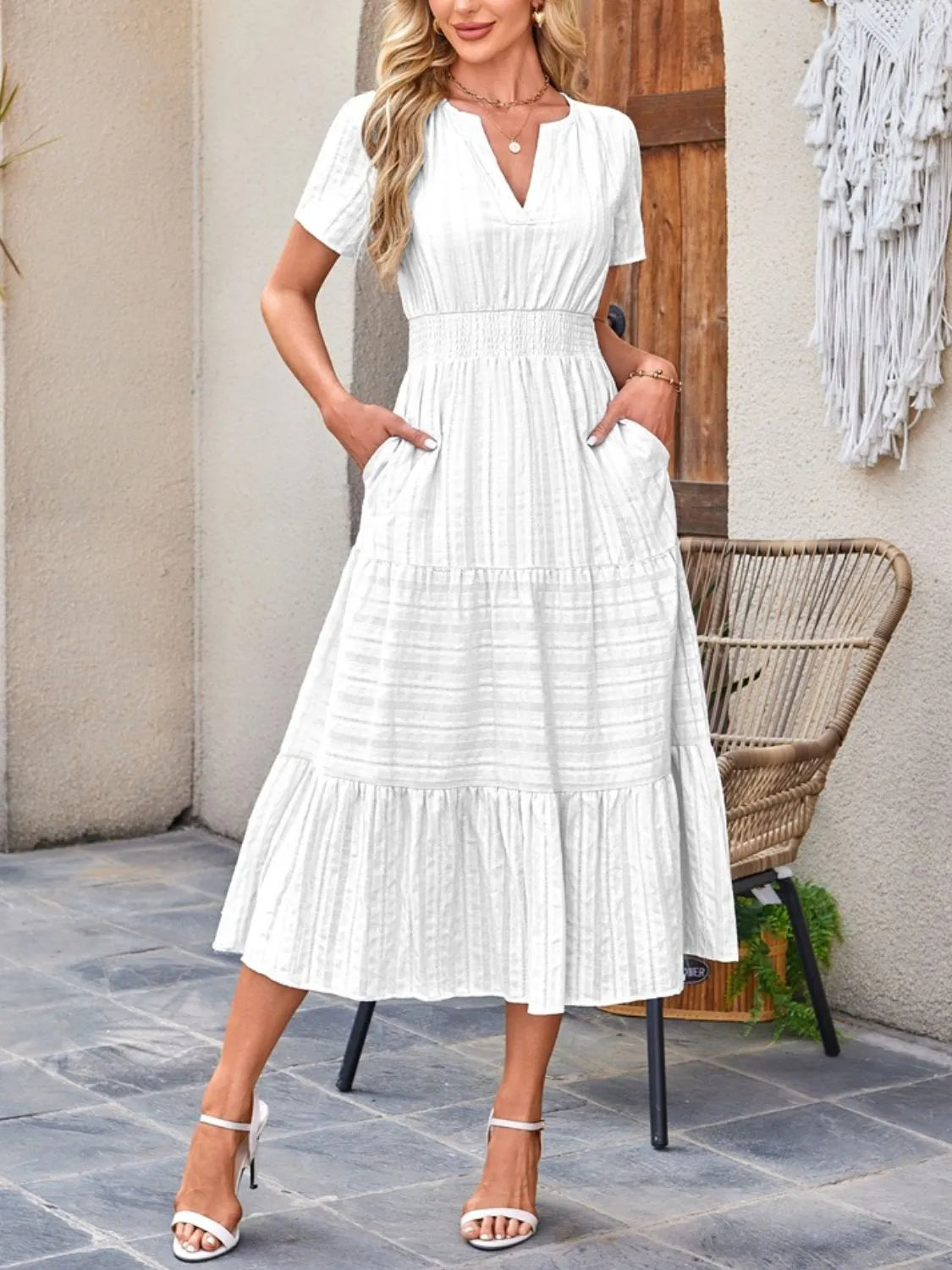 Tiered Notched Short Sleeve Dress - Blushé Belle