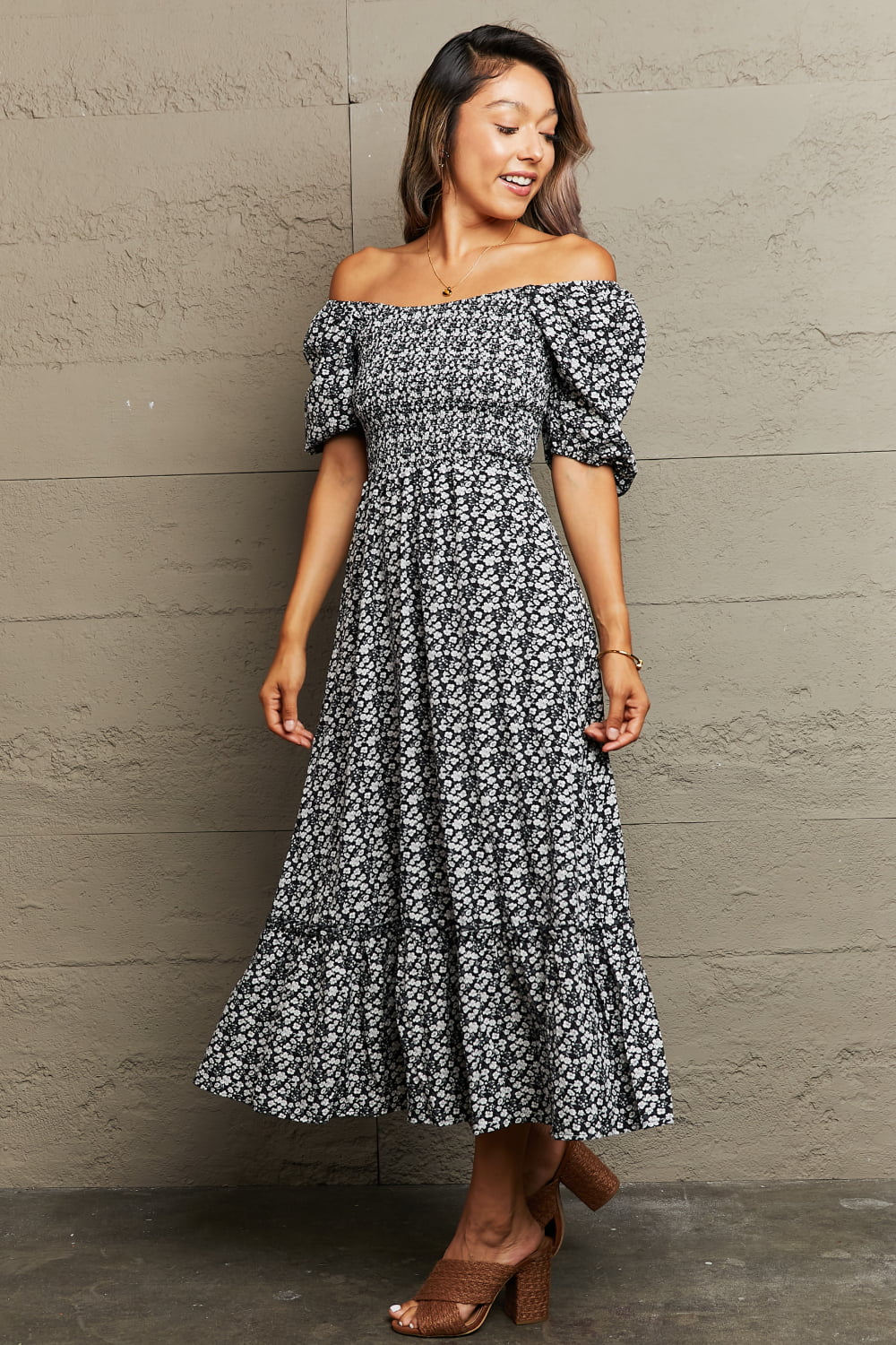 Perfee Floral Lace-Up Off-Shoulder Midi Dress - Blushé Belle