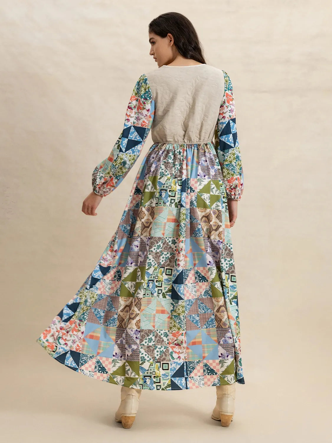 Tied Front Printed Long Sleeve Maxi Dress - Blushé Belle