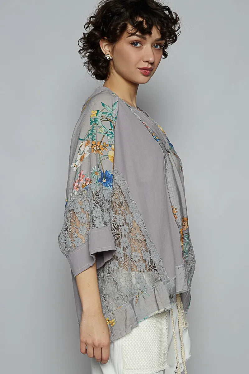 POL Floral V-Neck Raw Edge T-Shirt with Lace Detail - Blushé Belle