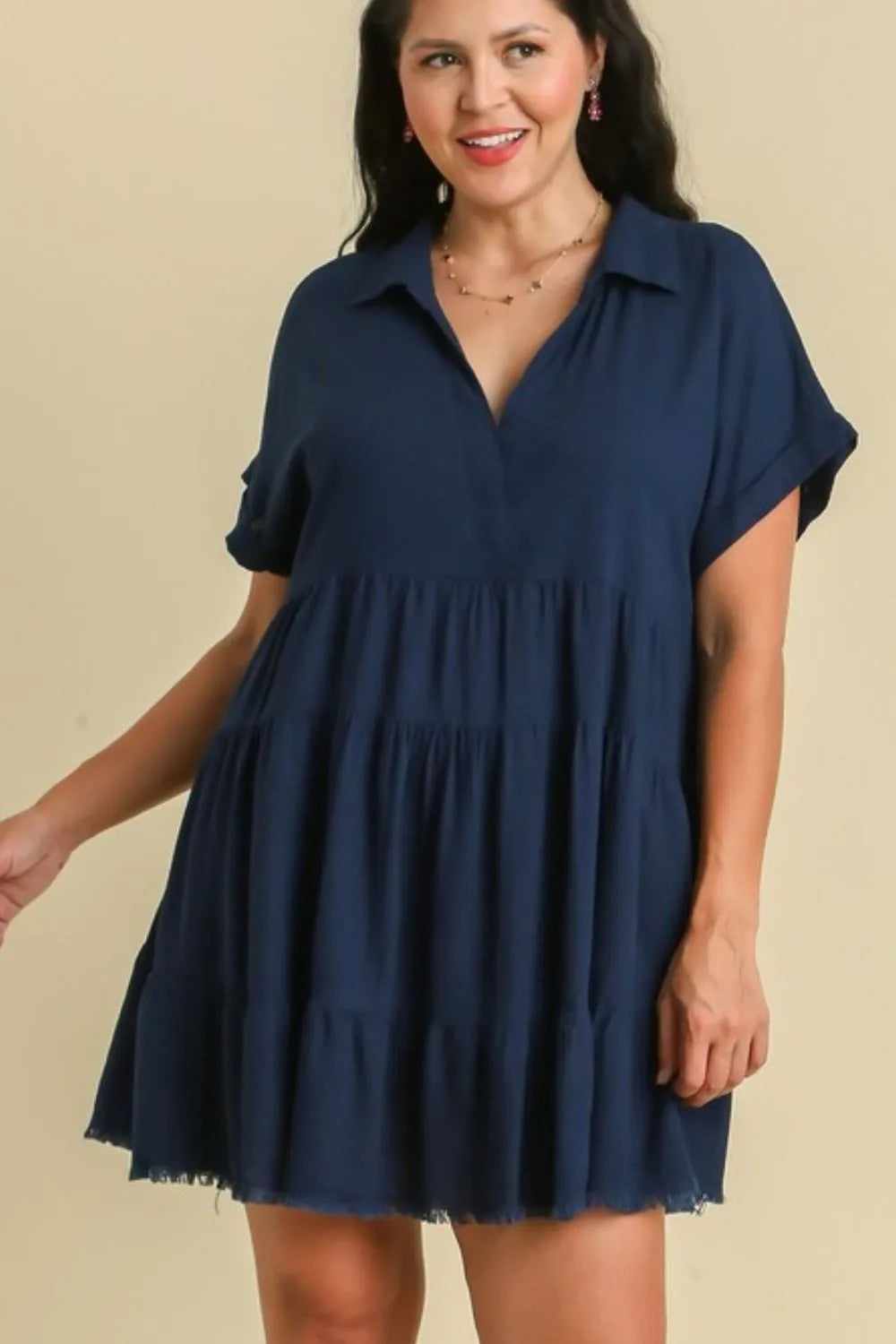 Umgee Full Size Raw Hem Folded Sleeve Tiered Dress Plus Size - Blushé Belle