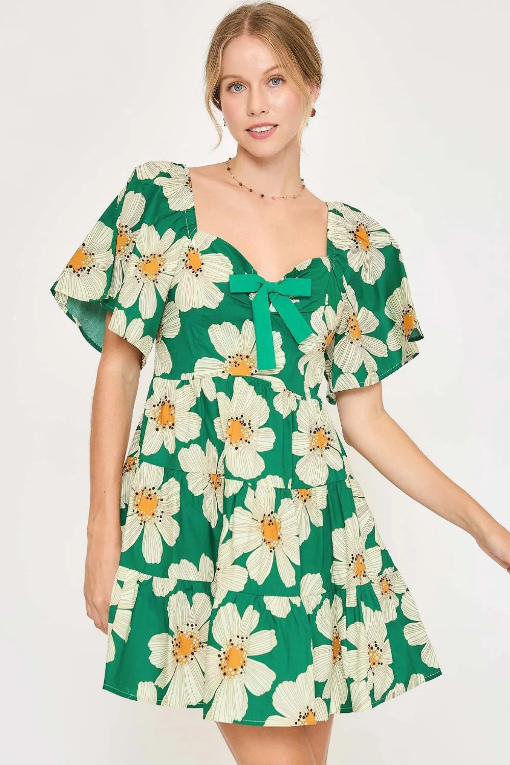 Umgee Full Size Daisy Print Mini Dress with Ribbon Details Plus Size - Blushé Belle