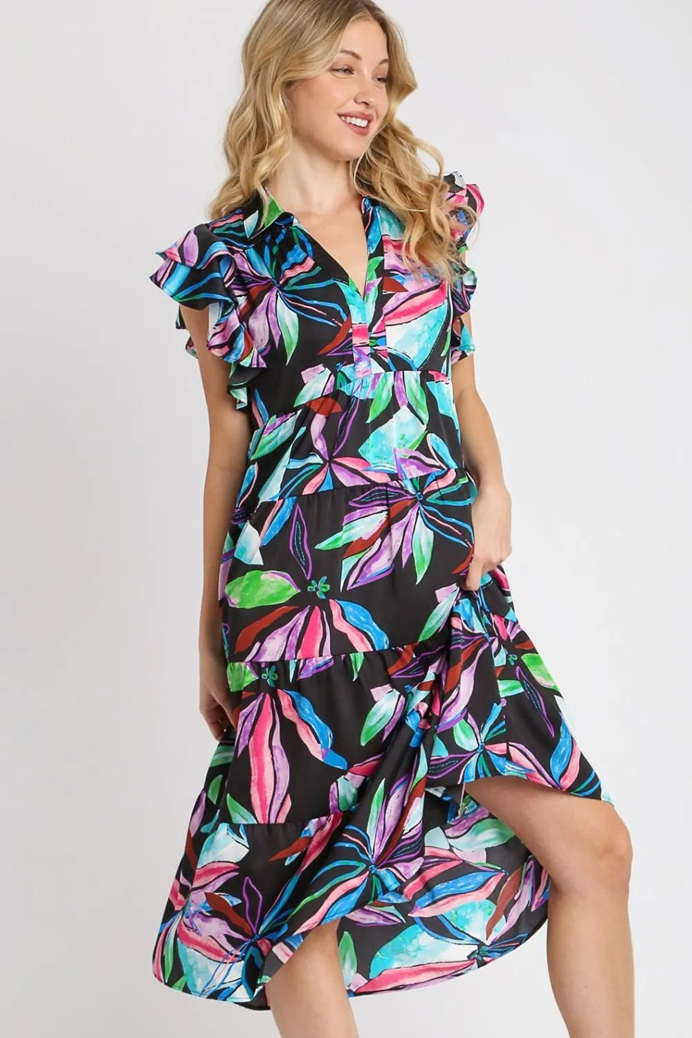 Umgee Full Size Leaf Print Double Layered Ruffle Sleeve Tiered Midi Dress Plus Size - Blushé Belle
