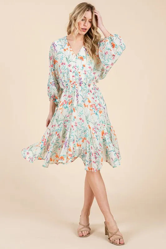 Lime 'N' Chili Floral Cinched Waist Balloon Sleeve V-Neck Dress - Blushé Belle