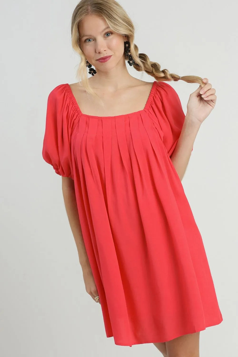 Umgee Full Size Squared Neck Puff Sleeve Mini Dress Plus Size - Blushé Belle