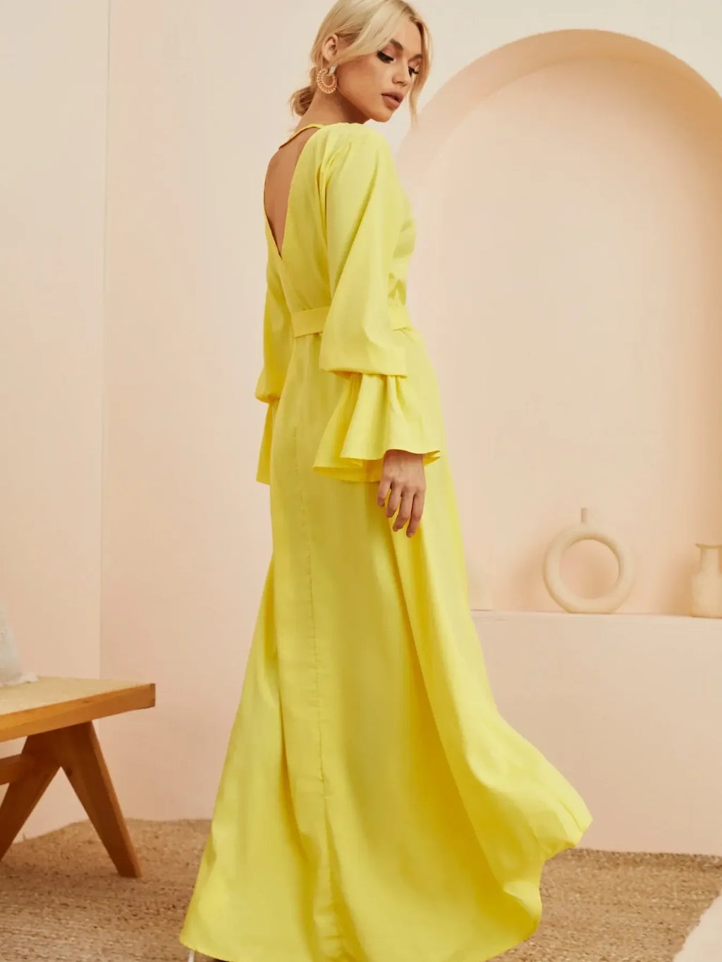 Ruffled Wrap Maxi Dress with Bell Sleeves - Blushé Belle