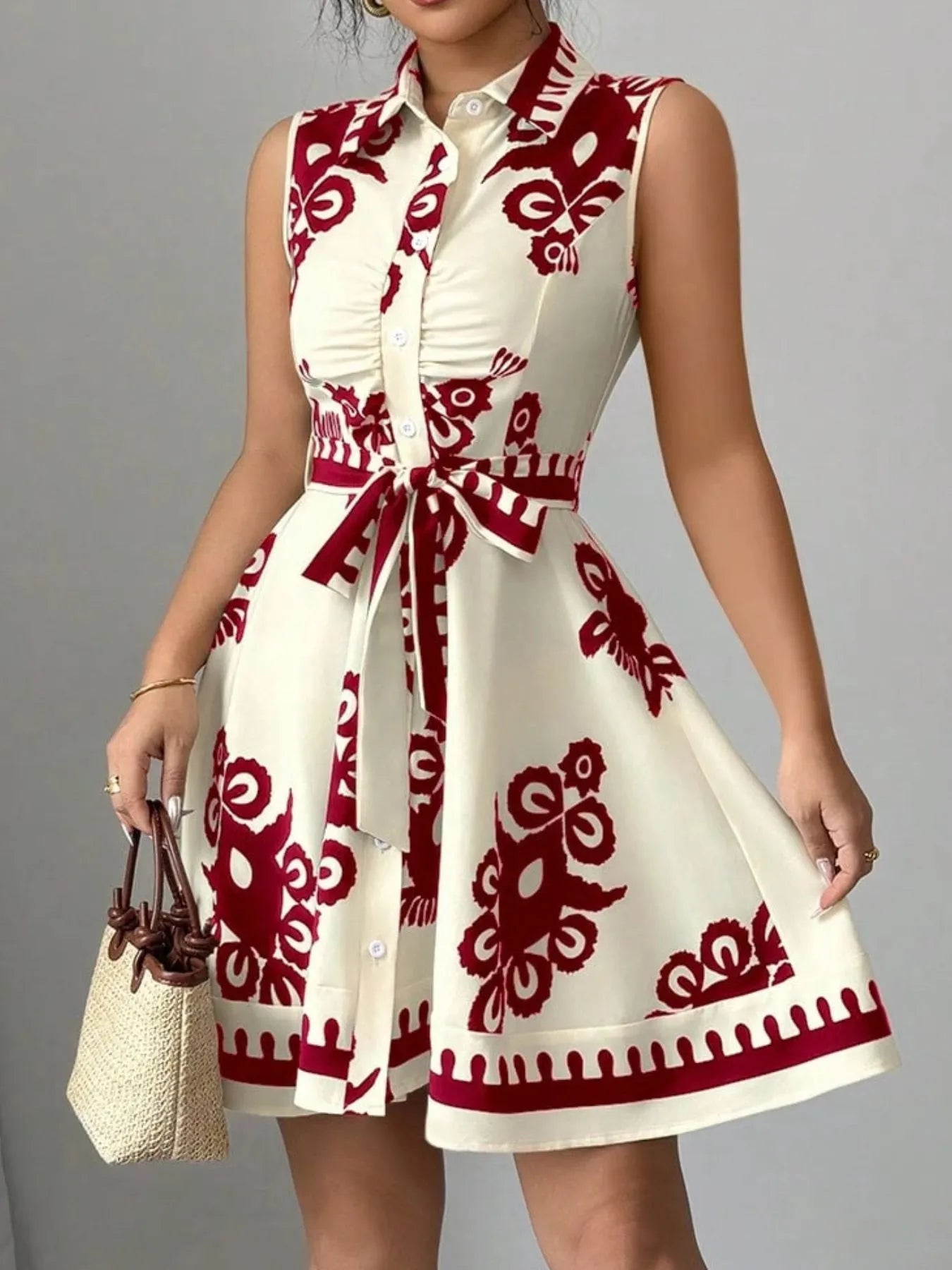 Printed Sleeveless Tie Waist Mini Dress - Blushé Belle