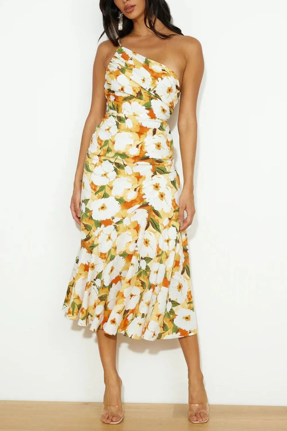 Ruched Printed Single Shoulder Midi Dress - Blushé Belle