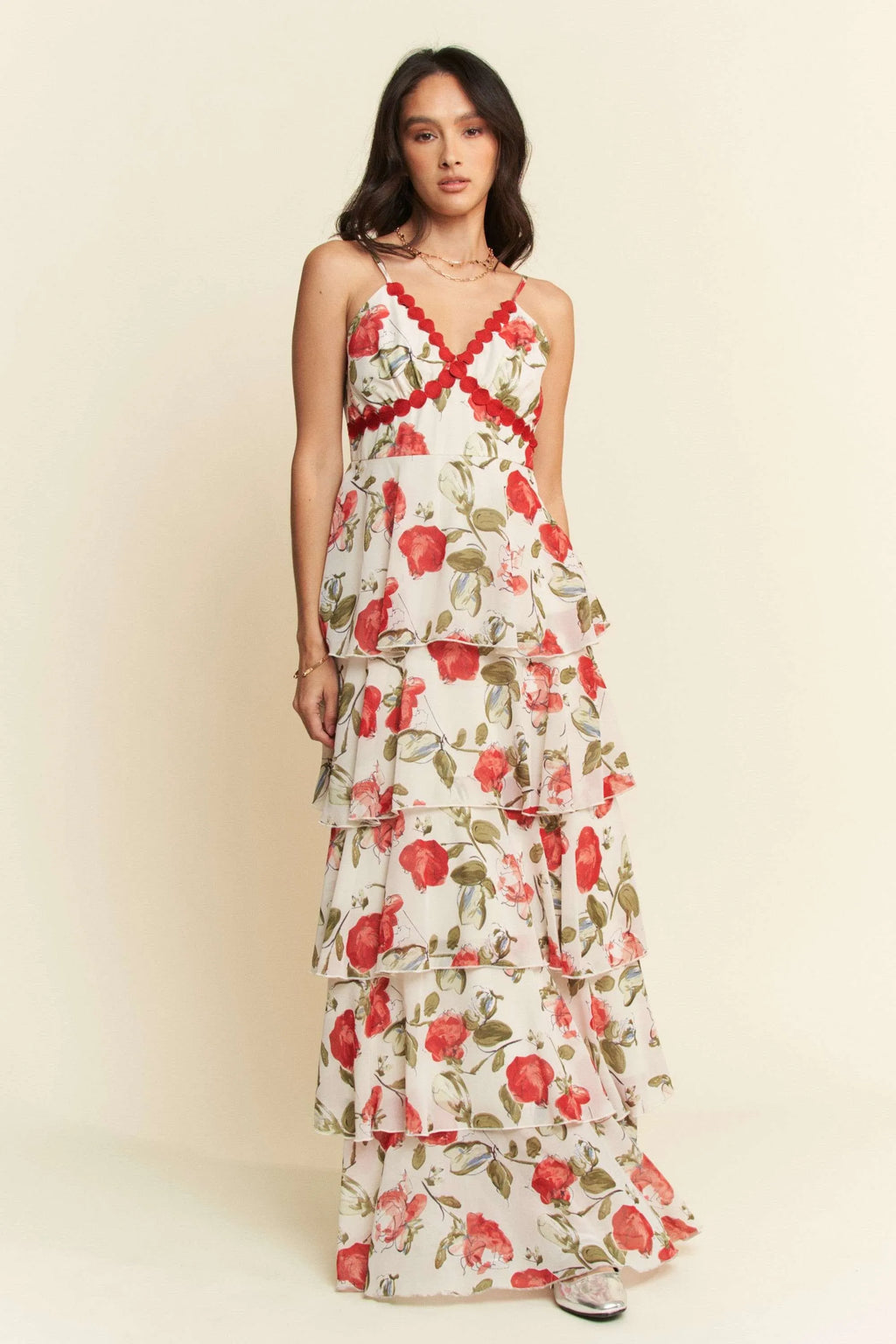 Davi & Dani Contrast Ring Lace Layered Ruffle Maxi Cami Dress - Blushé Belle