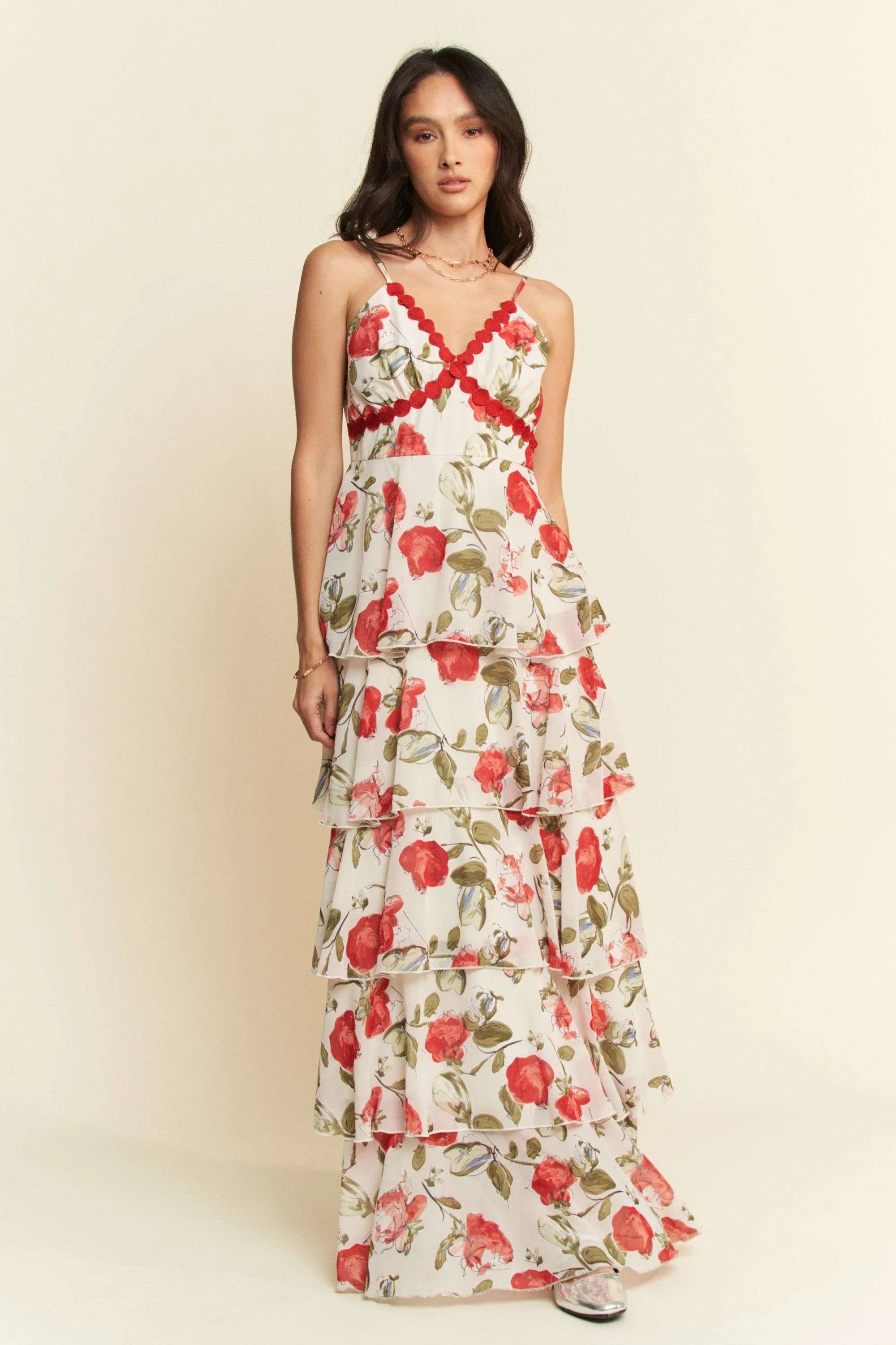Davi & Dani Contrast Ring Lace Layered Ruffle Maxi Cami Dress - Blushé Belle