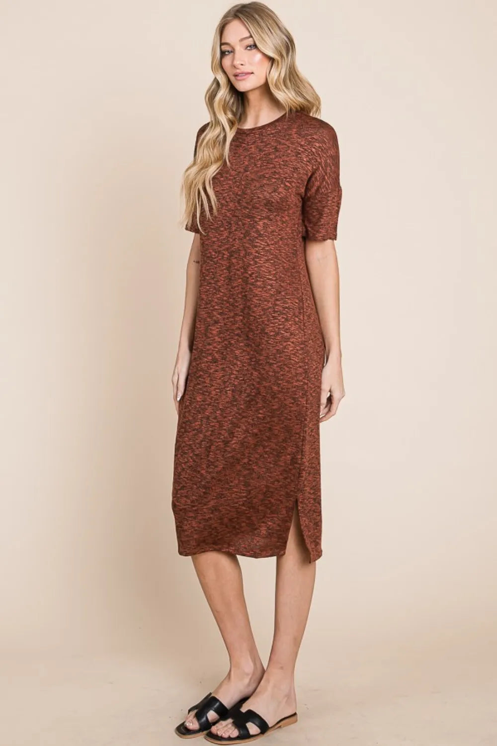 BOMBOM Round Neck Side Slit Midi Dress - Blushé Belle