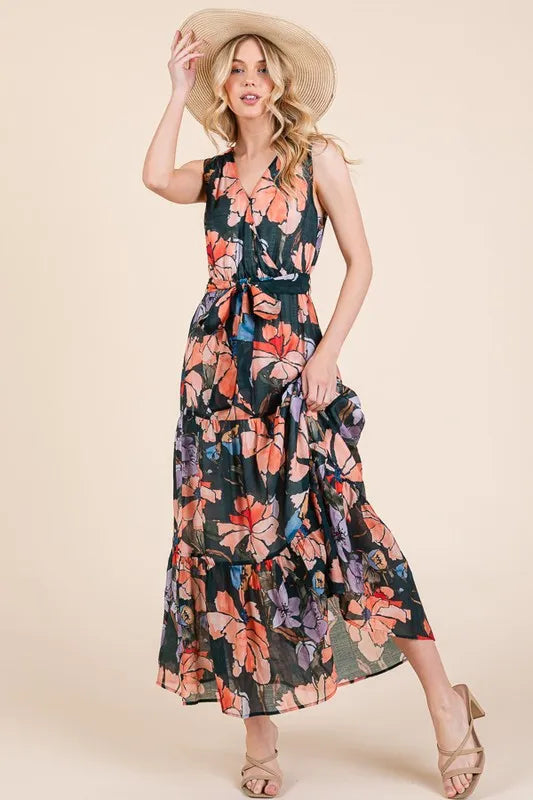 Lime 'N' Chili Floral Print Sleeveless Tie Waist Maxi Dress - Blushé Belle