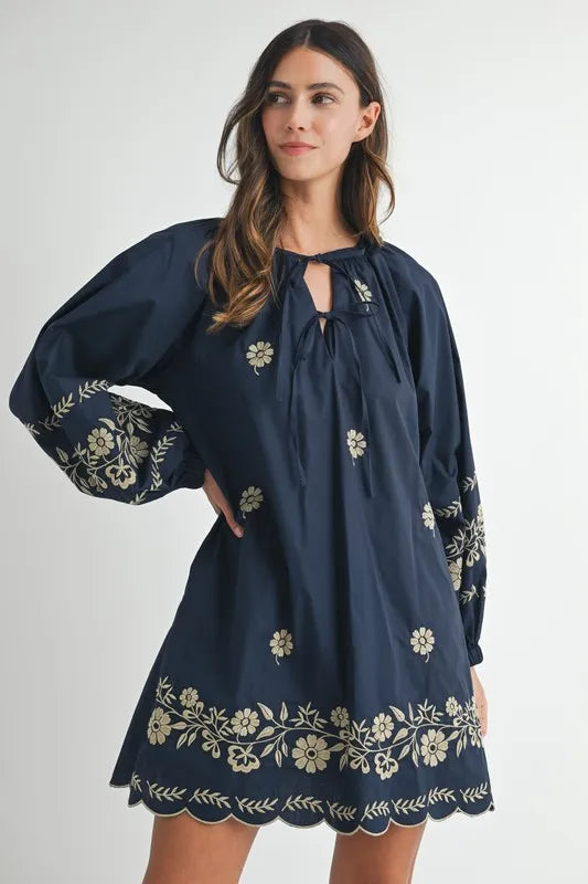 MABLE Embroidered Long Sleeve Peasant Mini Dress - Blushé Belle