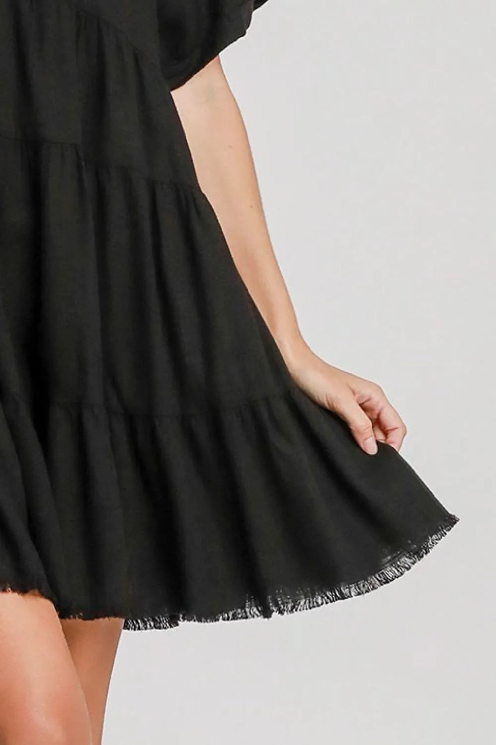 Umgee Full Size Raw Hem Folded Sleeve Tiered Dress Plus Size - Blushé Belle