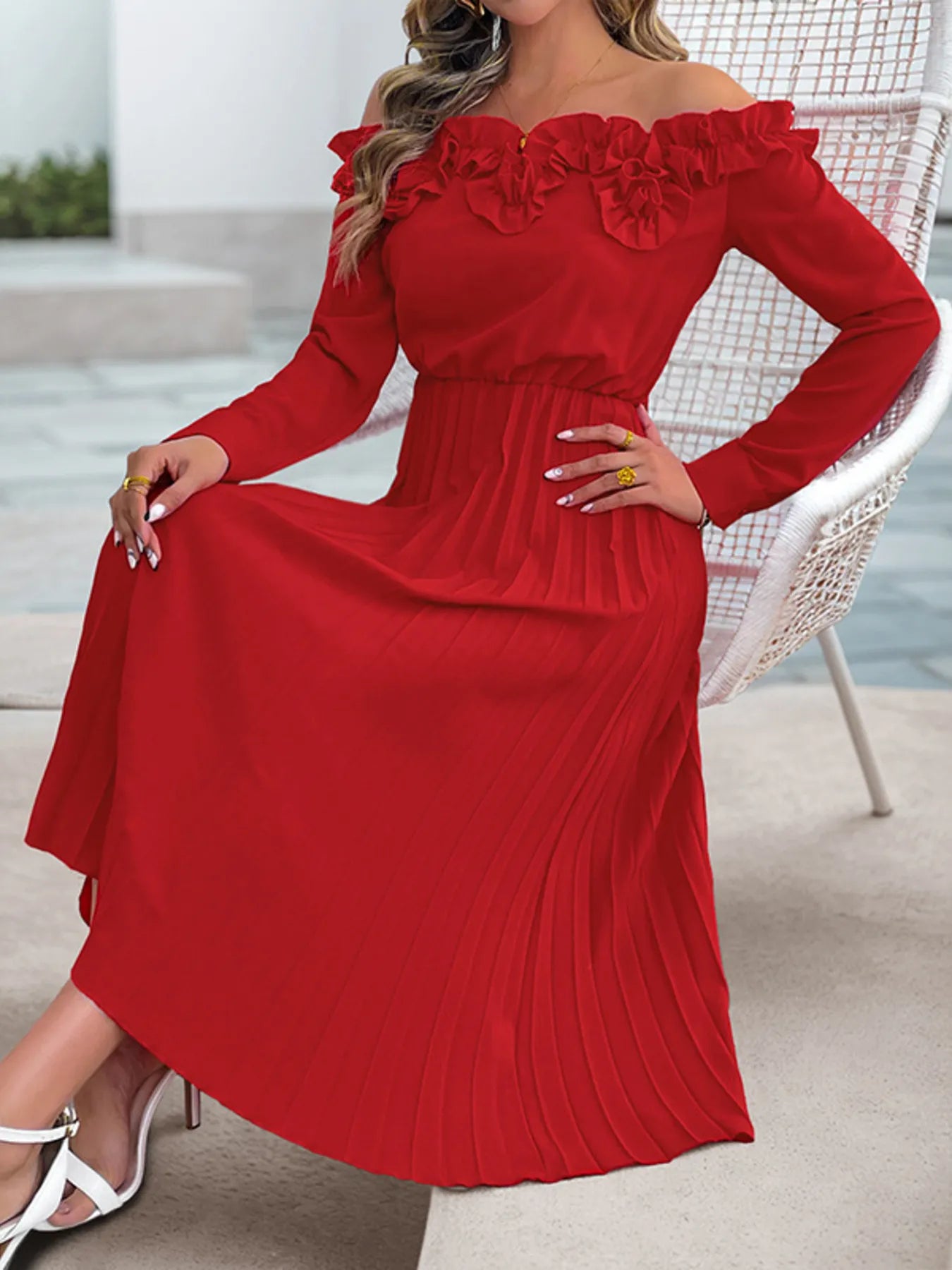 Off-Shoulder Ruffle Pleated Midi Dress - Blushé Belle