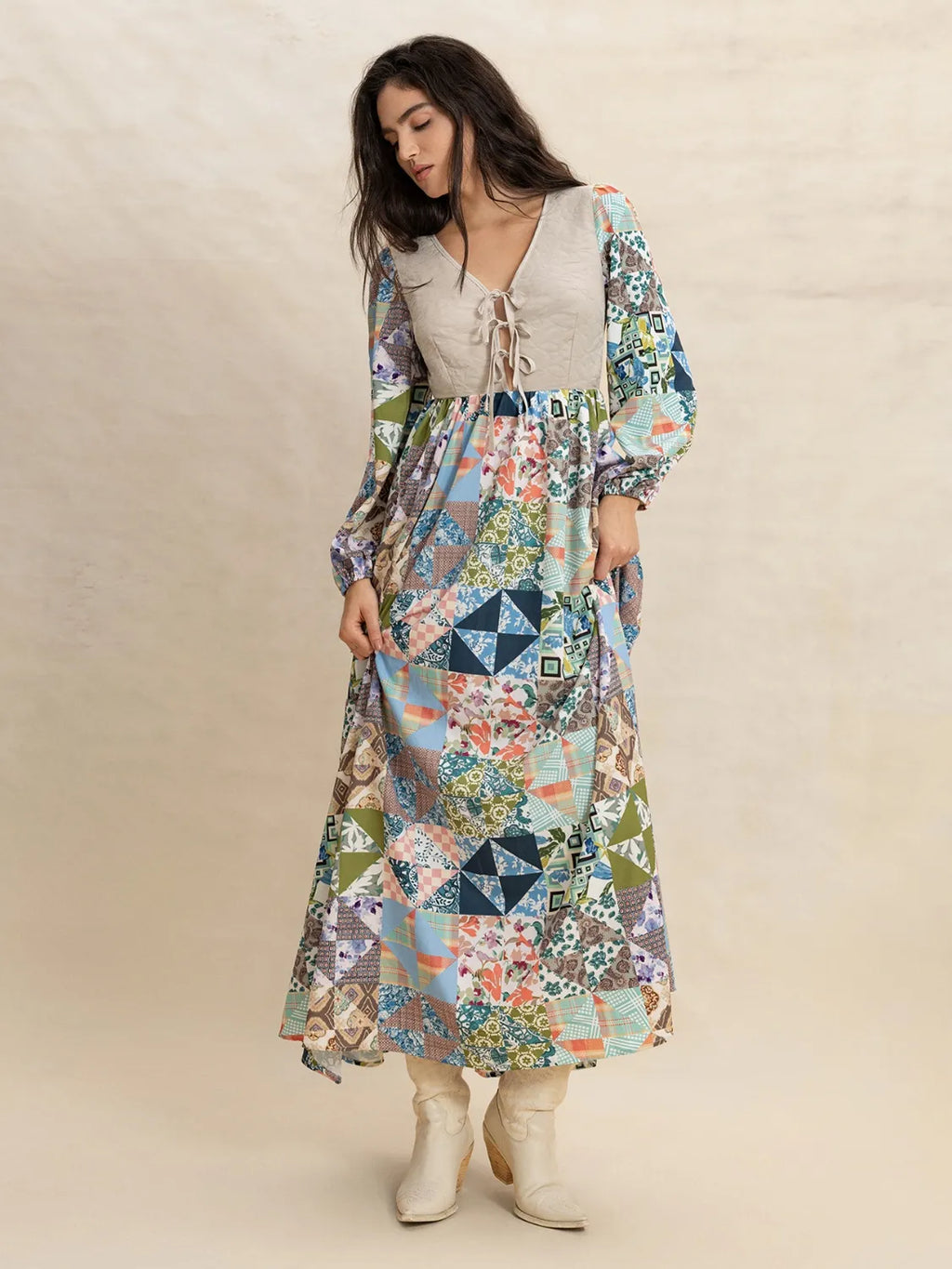 Tied Front Printed Long Sleeve Maxi Dress - Blushé Belle