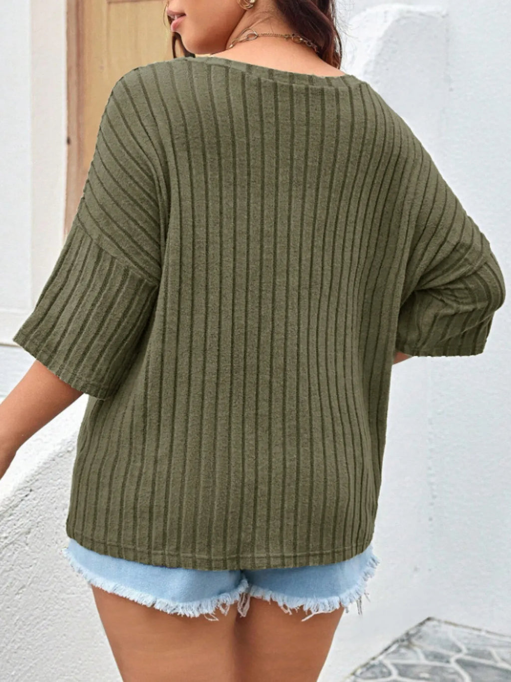 Plus Size V-Neck Ribbed Knit T-Shirt - Blushé Belle