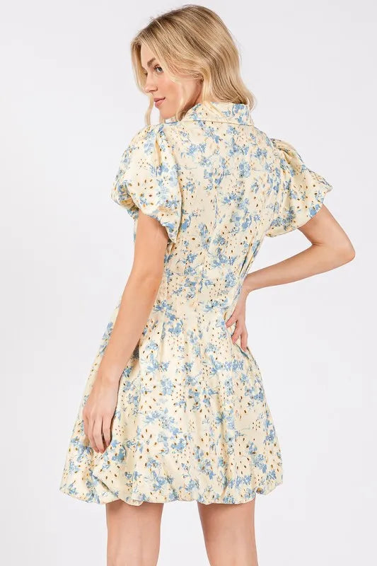 GeeGee Floral Eyelet Zipper Front Puff Sleeve Mini Dress - Blushé Belle