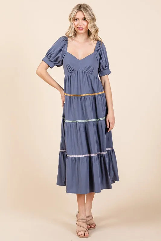 Lime 'N' Chili Trim Detail Puff Sleeve Tiered Maxi Dress - Blushé Belle