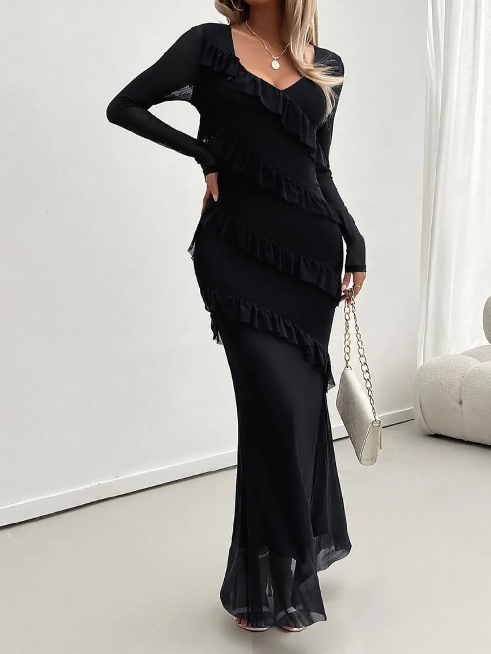 Devine Ruffled Surplice Long Sleeve Maxi Dress - Blushé Belle
